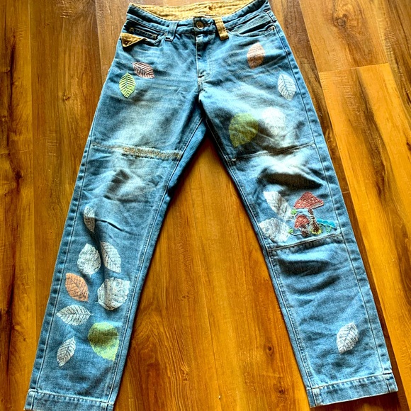 JEANS VINTAGE DISTRESSED WITH LEAVES AND MUSHROOMS. UNIQUE HIPPIE LOOK. 28/28 - Picture 2 of 7